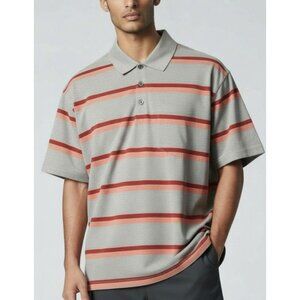 Antigua Mens Striped Polo Shirt L Gray/Red Short Sleeve Button Up